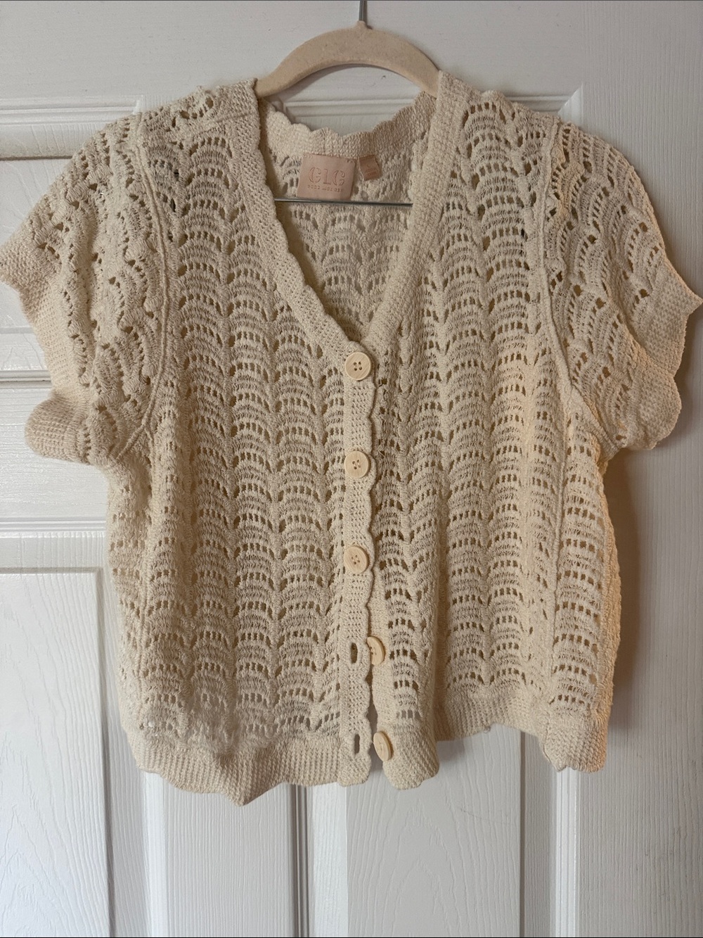 LG Beige Open-Knit Short Sleeve Button Cardigan